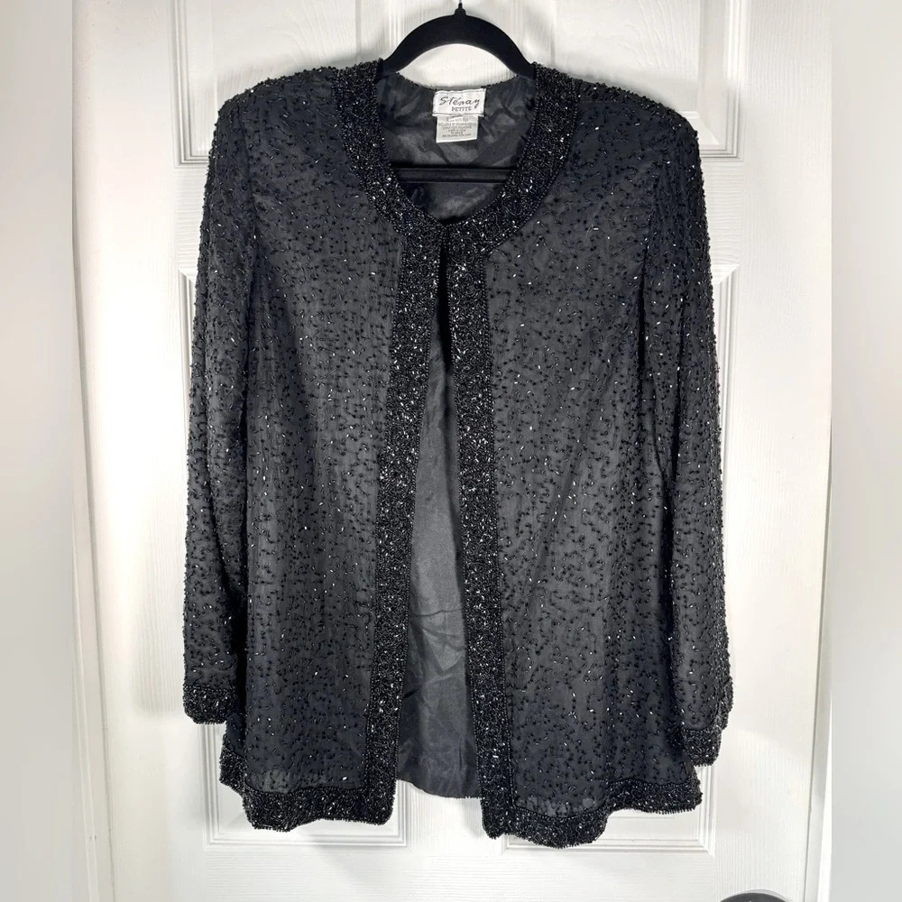 Stenay Petite Large 100% Silk Fully Beaded Evening Jacket Black